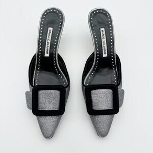 Manolo Blahnik Maysale Silver Glitter Mule Buckle 50mm Kitten Heel Size 37 Glam